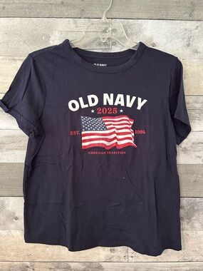 Old Navy Navy Blue T-Shirt with Red & White Flag Graphic